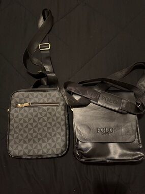Polo by Ralph Lauren Black Leather & Patterned Messenger Bag Set